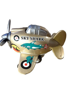 Toysmith Pull Back Sky Shark Propeller Plane Diecast Toy Gold Airplane Green
